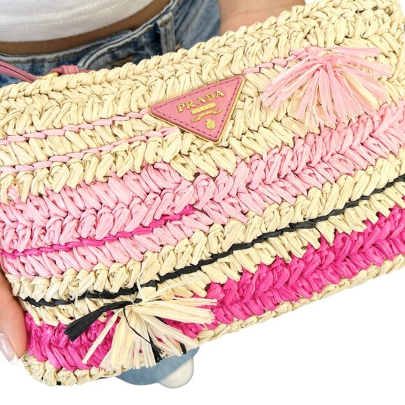 PRADA Vintage Logo Raffia Shoulder Bag Crossbody Zip Pink Cream [105238] - Picture 4 of 13